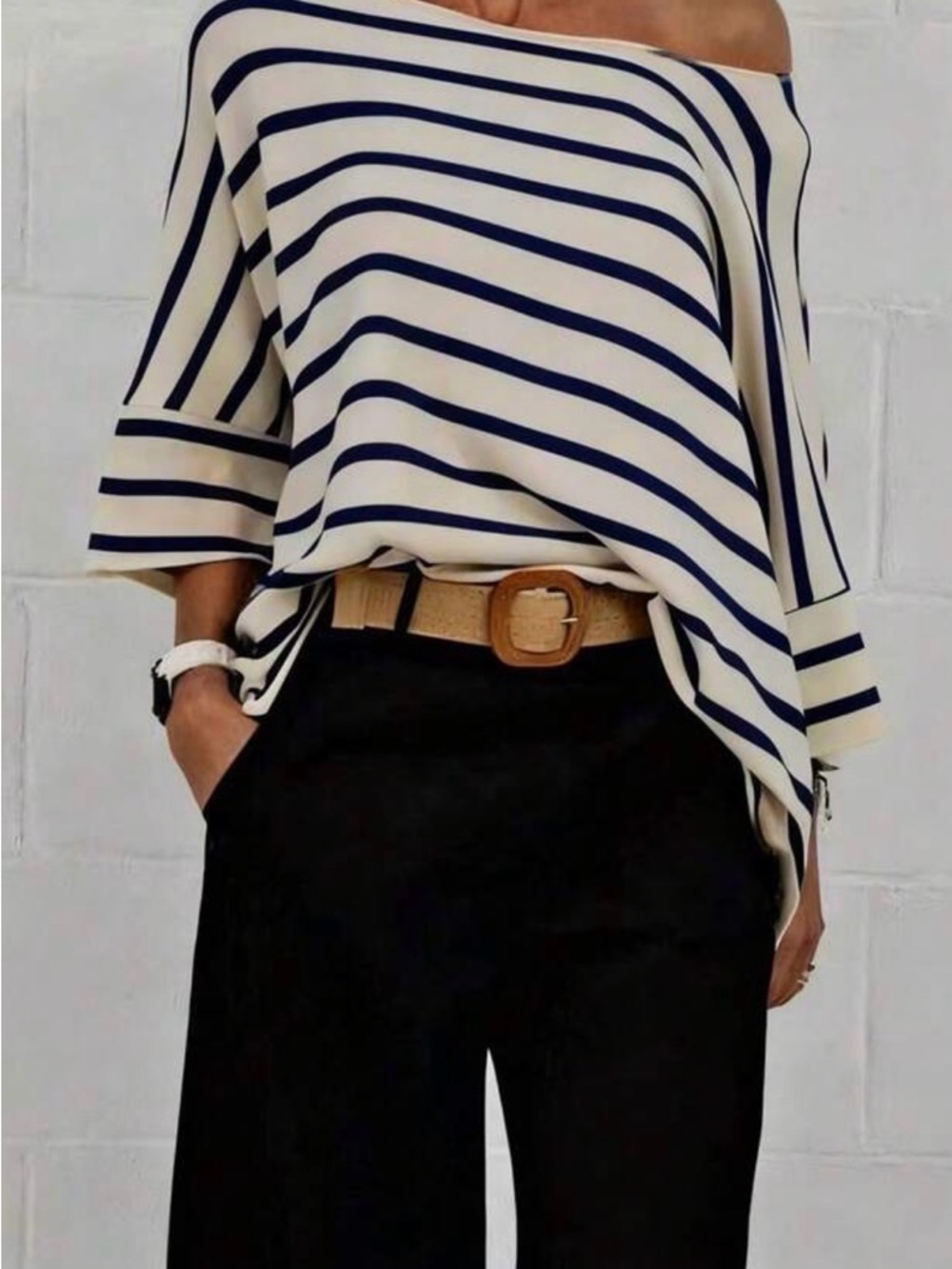 Striped Off-Shoulder Nautical Top - Navy & Cream